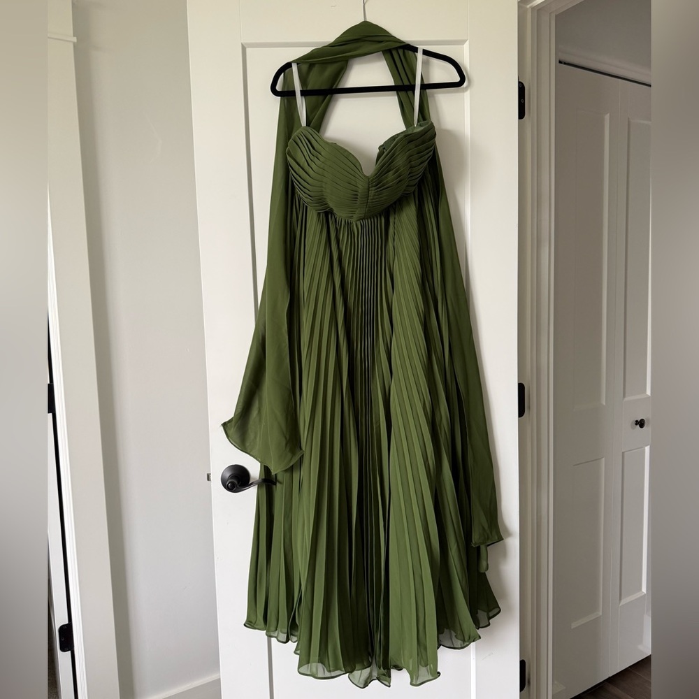 Olive Green Pleated Halter Evening Dress